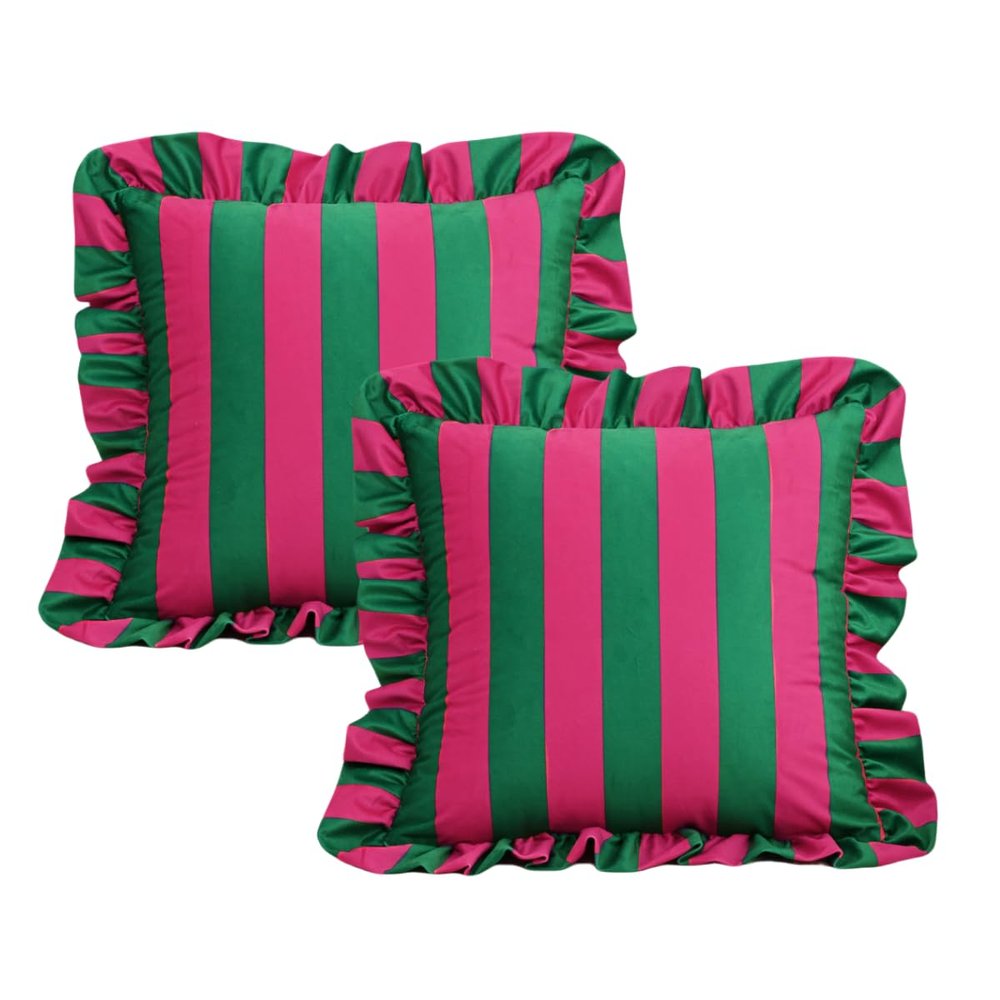 Dutchwool Square Ruffled Throw Pillow Covers, 18 x 18 in, 2-Pack, Red and White Striped, Green