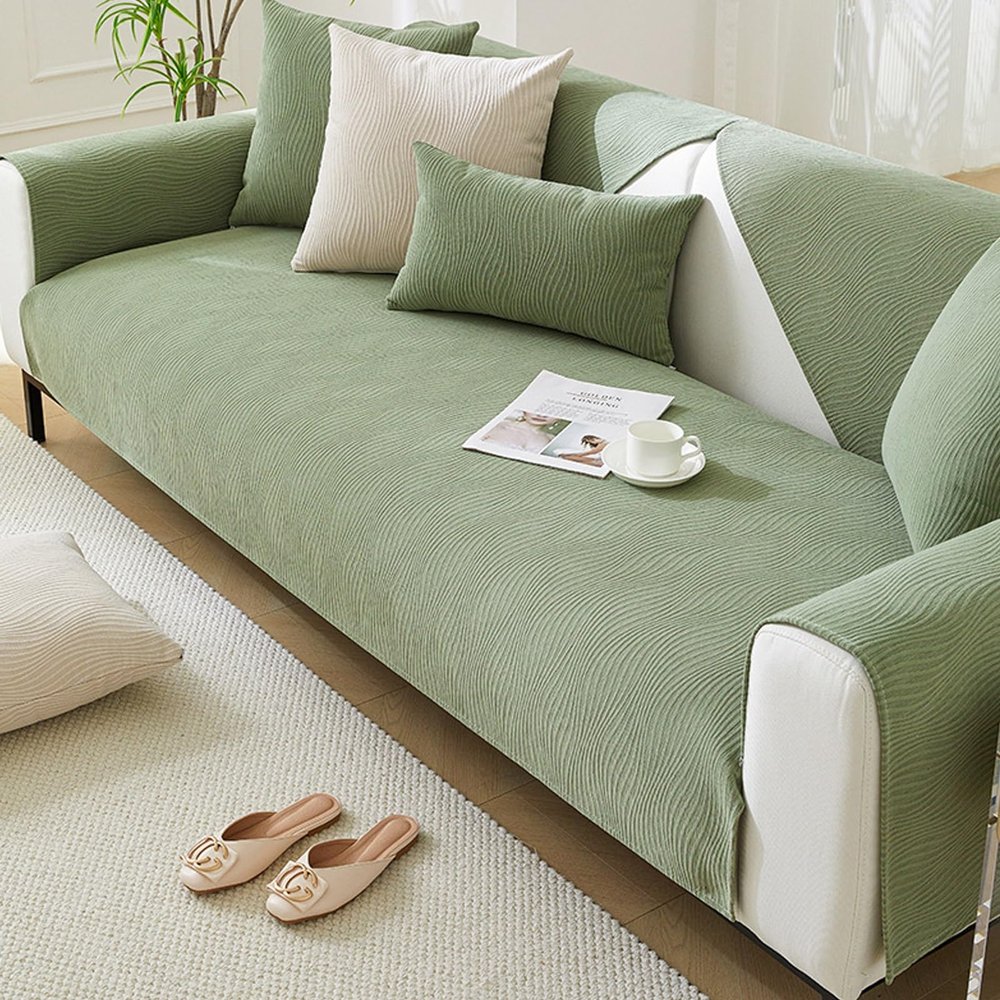 ZASEZOD Universal 1/2/3/4-Seater Sofa Protective Cover, Chenille Couch Protector, Non-Slip (Green D, 110 x 160 cm)