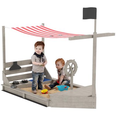 Outsunny Wooden Sandbox with Cover, 180 x 103 cm, Gray, for Kids