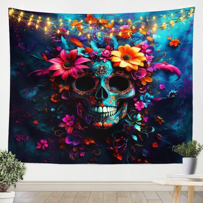 Loussiesd Skull Wall Tapestry 148 x 200 cm, Flower Gothic Wall Hanging for Kids, Girls and Boys