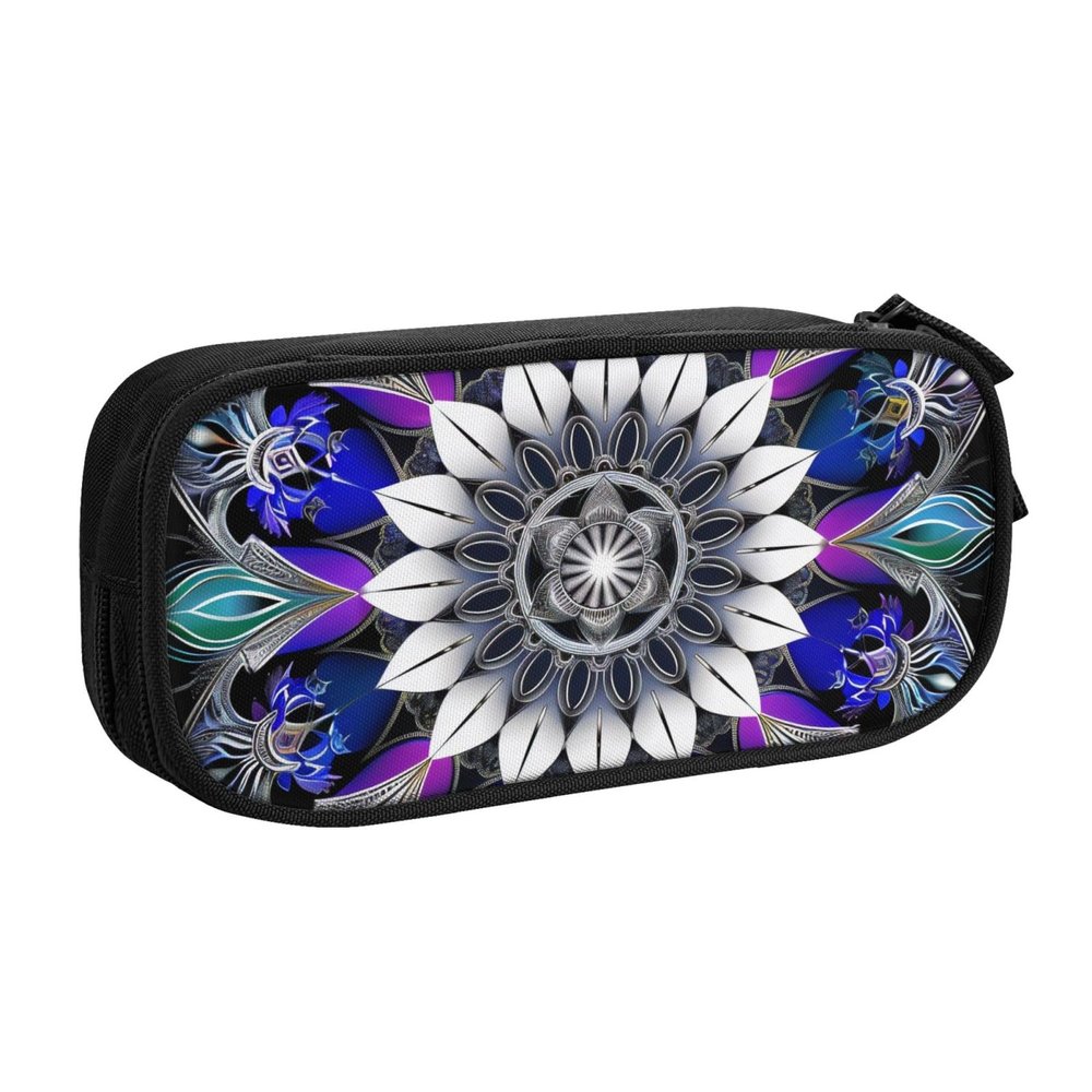 WPUTY Rectangular Double-Layer Pencil Case with Mandala Print, Large Capacity, Black