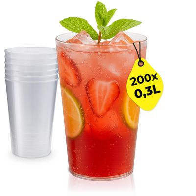 Silverkitchen 200 Plastic Cups, 0.3 L Reusable PP Drinking Cups