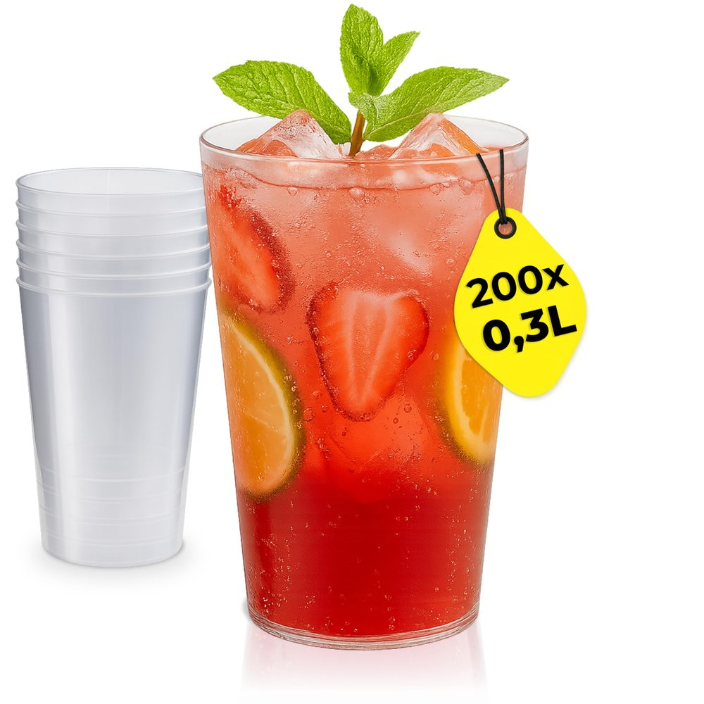 Silverkitchen 200 Plastic Cups, 0.3 L Reusable PP Drinking Cups