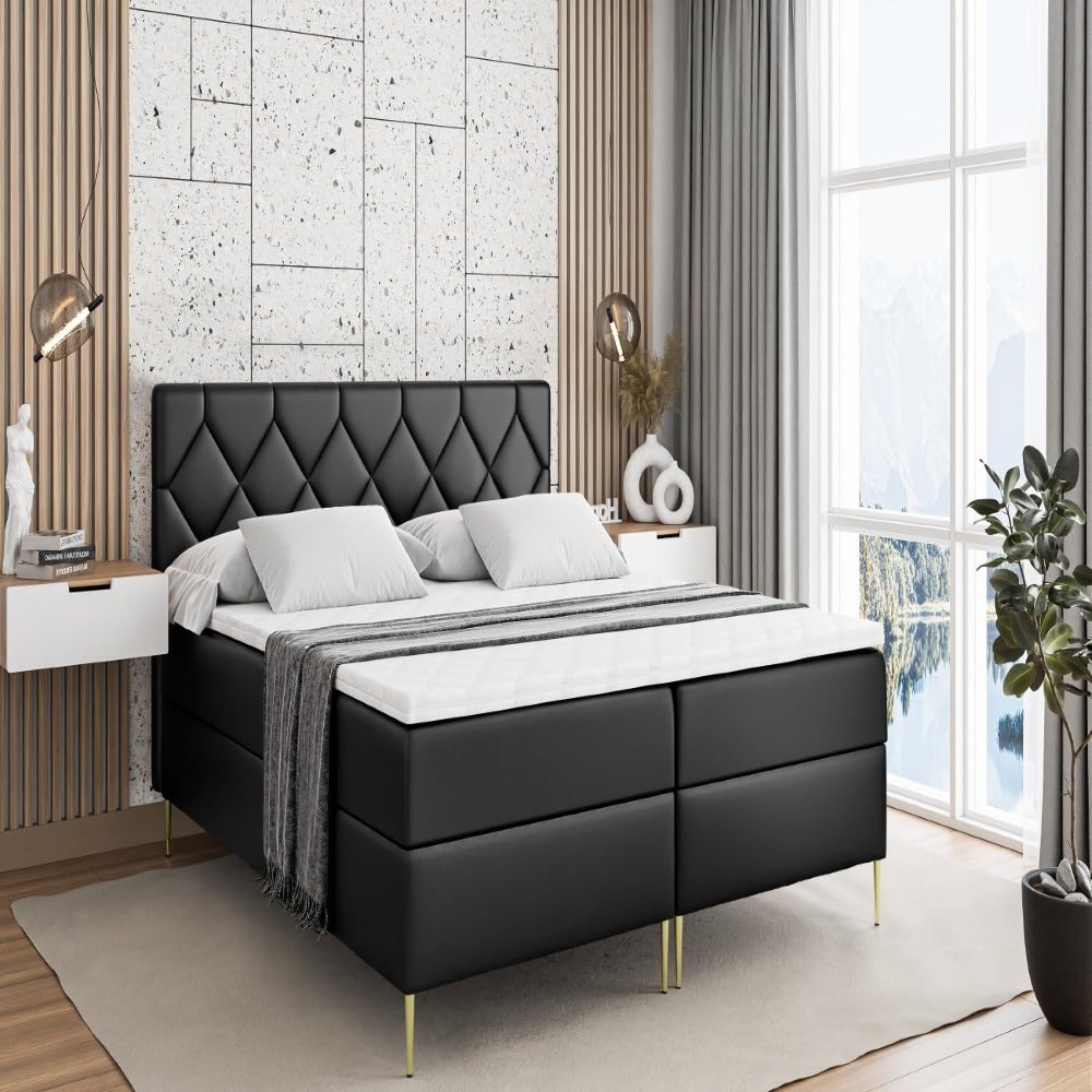 ALTDECOR CATOR-FZ Box Spring Bed with H3 Mattress, 180 x 200 cm, Black