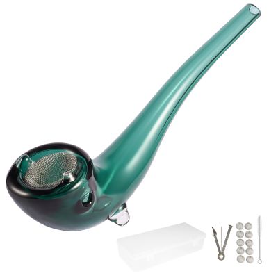 Handcrafted Glass Pipe – Durable Borosilicate Glass, Curved Long Mouthpiece, Secure Filter Holder, 10 Filters, 3-in-1 Pipe Tool, Cleaning Brush & Storage Box (Green)