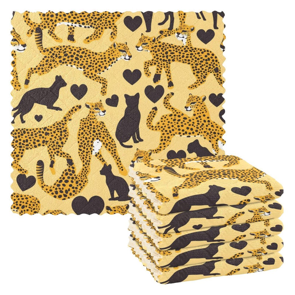 Terry Dish Towels with Animal Cheetah Heart Design, 27.9 x 27.9 cm, 6-Pack