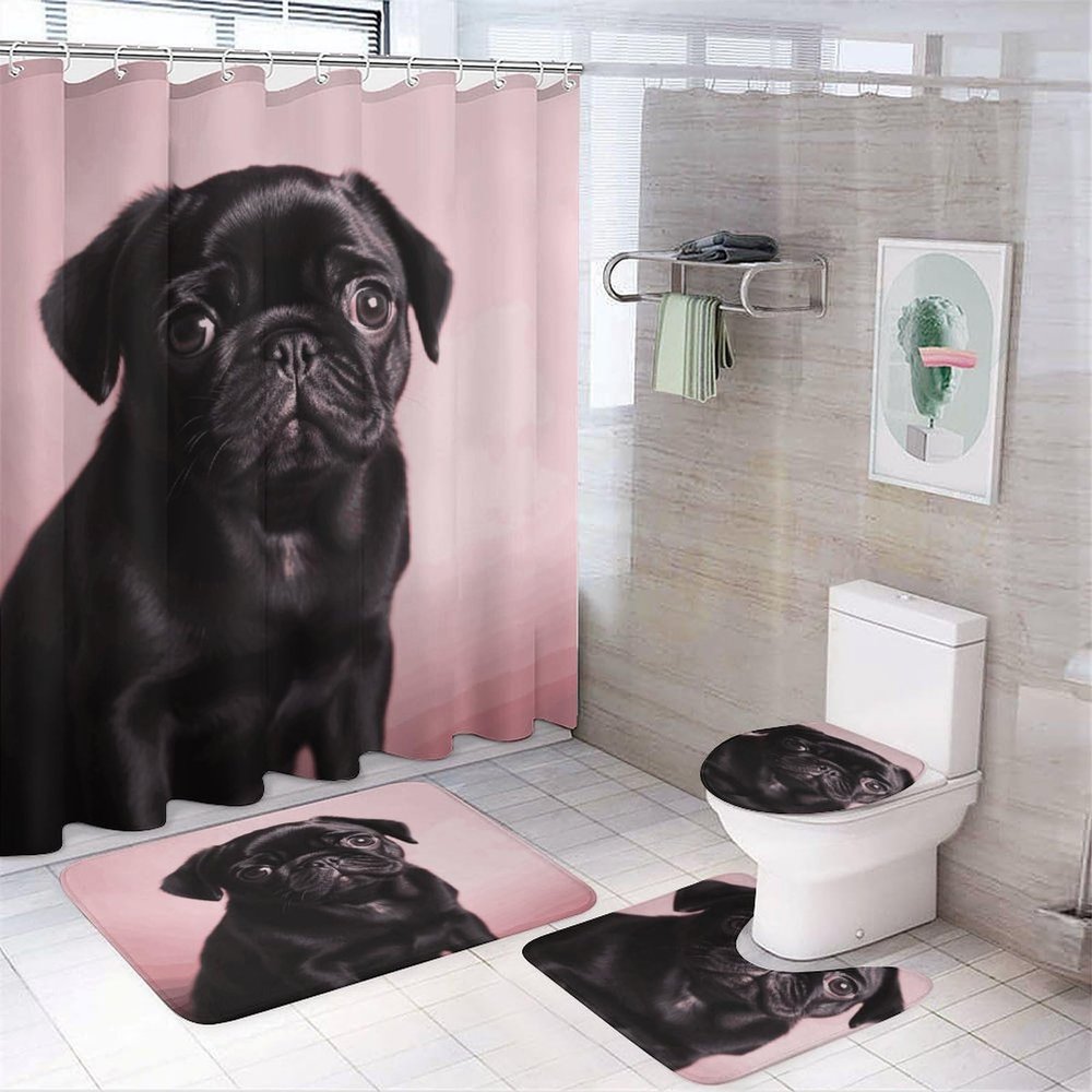 4-Piece Shower Curtain Set with Cute Pug Print