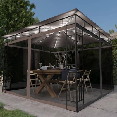 Gazebo with Mosquito Netting & LED String Lights, 3 x 3 x 2.73 m, Taupe