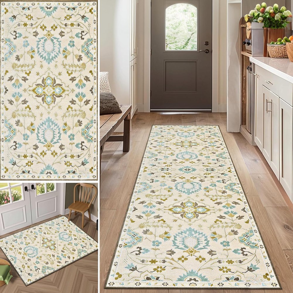 Gikleihwy Oriental Runner Rug, 90 x 350 cm, Floral Pattern, Washable, Non-Slip