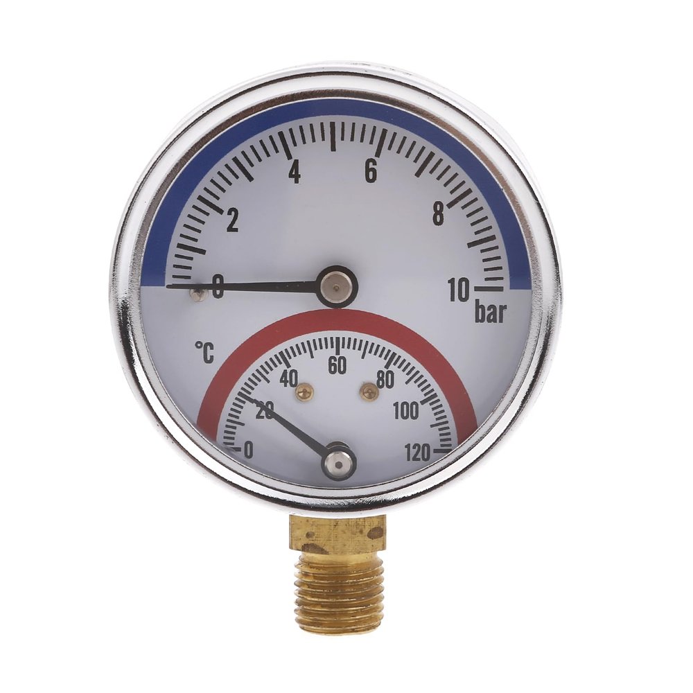 Riiichflowshop Thermal Pressure Gauge, 0–10 Bar, 0–120°C, Precision Thermomanometer for Underfloor Heating, Alloy + Glass