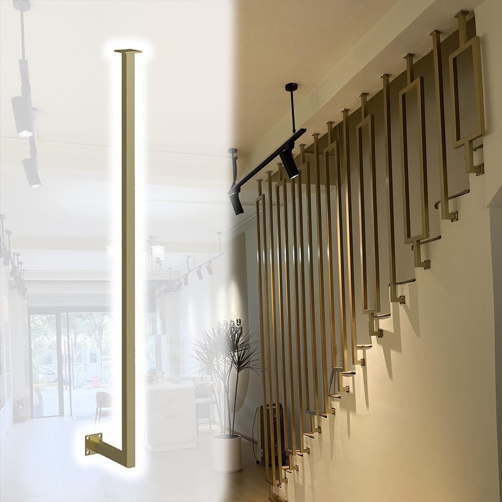 MLYAYE Wrought-Iron Stair Railing Post, Floor-Mounted, Gold, H-220 cm/86.6 in/7.2 ft