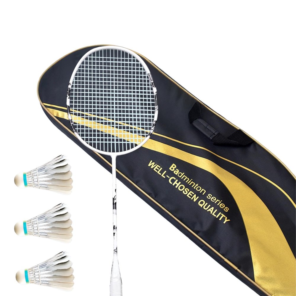 Carbon Fiber Badminton Racket Set with 3 Shuttlecocks, Grip Tape and Carrying Bag, Lightweight 4U