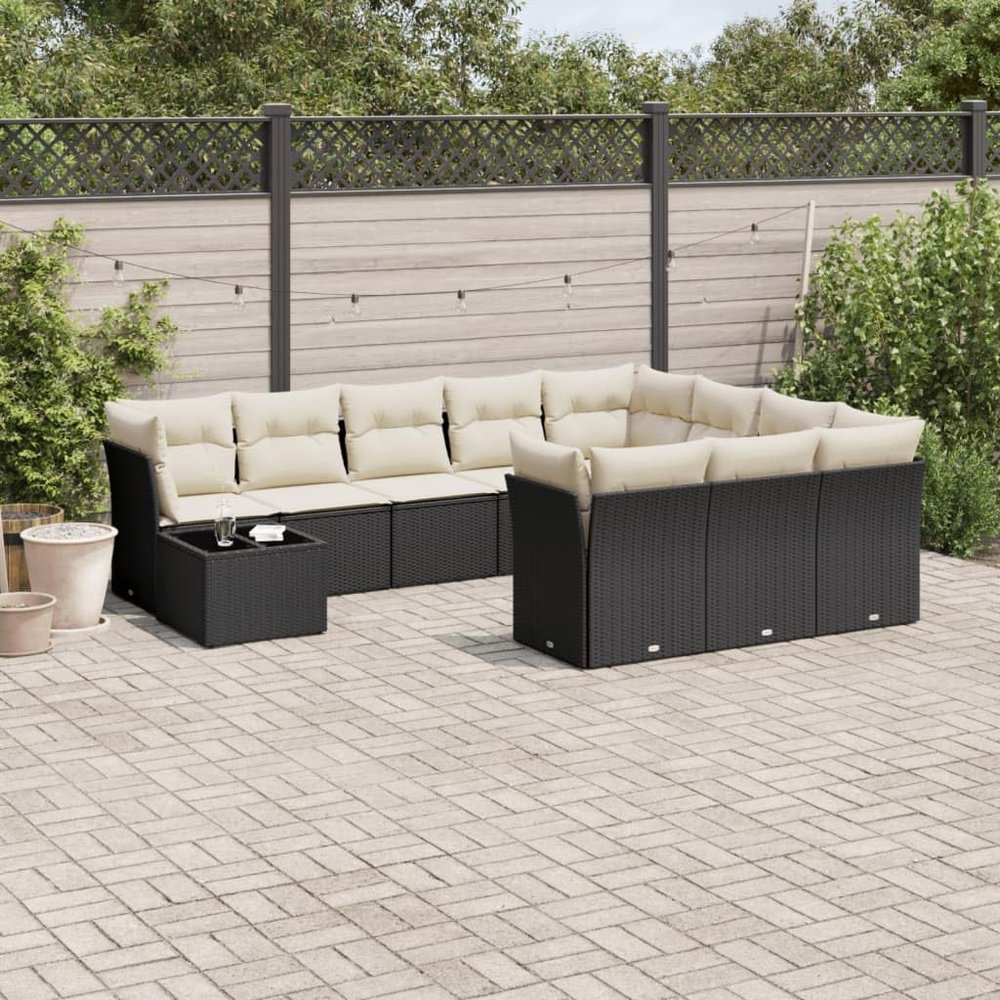 qohoio 11-Piece Outdoor Garden Sofa Set with Cushions, Black Poly Rattan