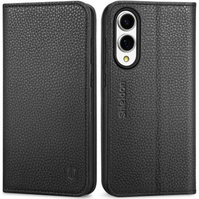 SHIELDON Genuine Leather Case for Galaxy S25 Edge 6.7" 5G 2025, Litchi Black