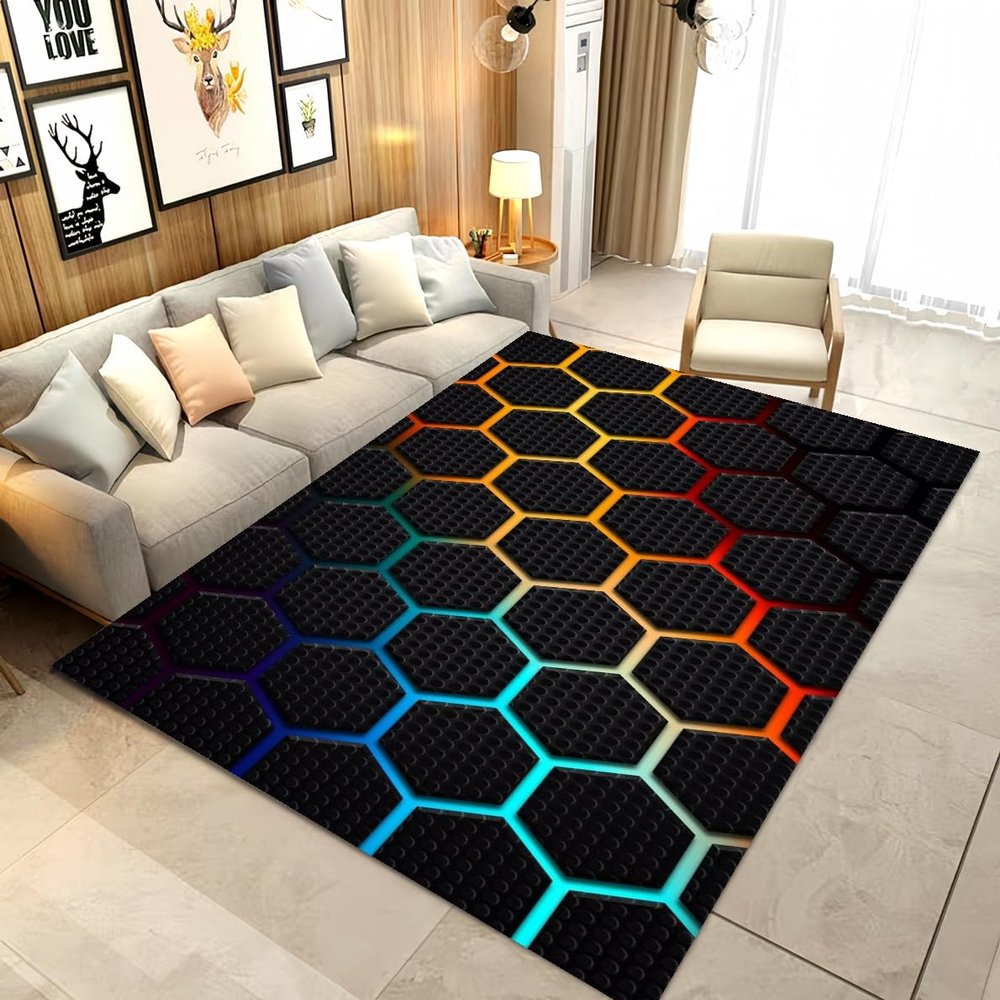 LOMDEM Neon Geometric Punk Gaming Rug for Teen Rooms, Flannel Hexagon Design, 100 x 200 cm, Multi 4