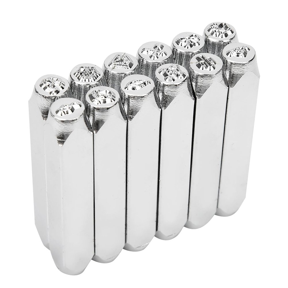 12-Piece 6 mm (1/4 in) Pattern Stamp Set, PU Carbon Steel Tools for Metal and Leather Jewelry