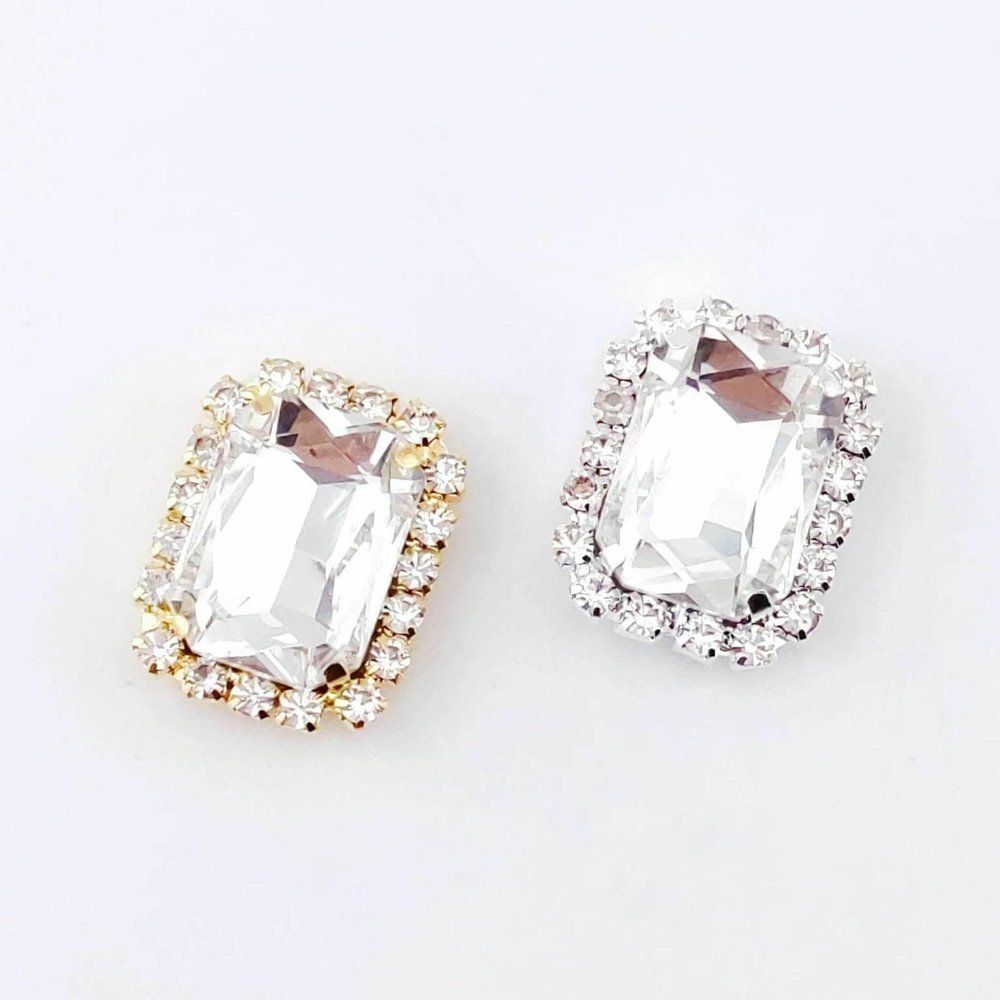 10 Rectangular Flat-Back Glass Rhinestones, White Gold