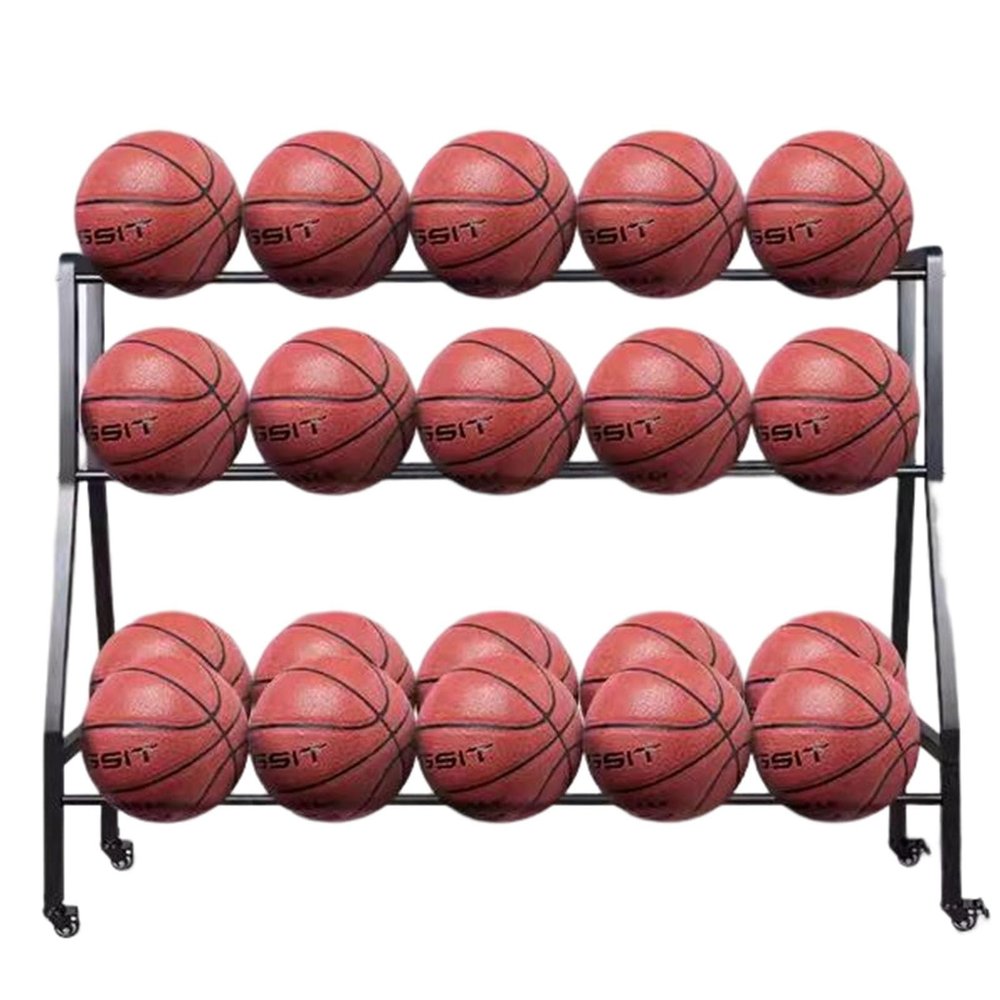 Metal Basketball Stand, 4-Tier Ball Holder with Wheels, Black