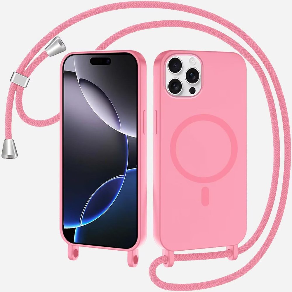 xinyunew Phone Case for iPhone 13 Pro (6.1-inch) with Detachable Adjustable Lanyard, Magnetic Silicone Case, Wireless Charging Compatible, Pink