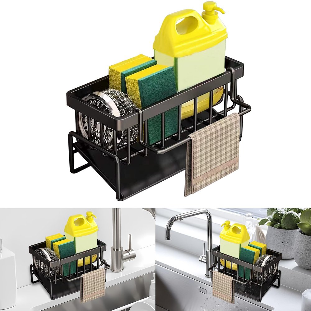 Automatic Fast-Drain Sponge Holder for Kitchen Sink, Black with Dish Towel Bar