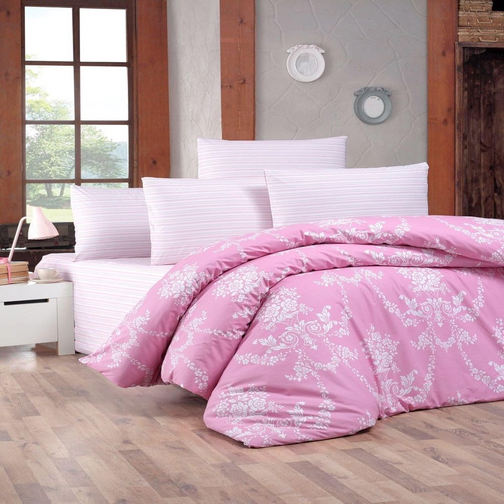 Nuit Des Rêves Ranforce Bedding Set (Single Bed, XXL), 100% Cotton, 155 x 220 cm, Pink & White | Machine Washable, 145 Threads per Inch, Button Closure