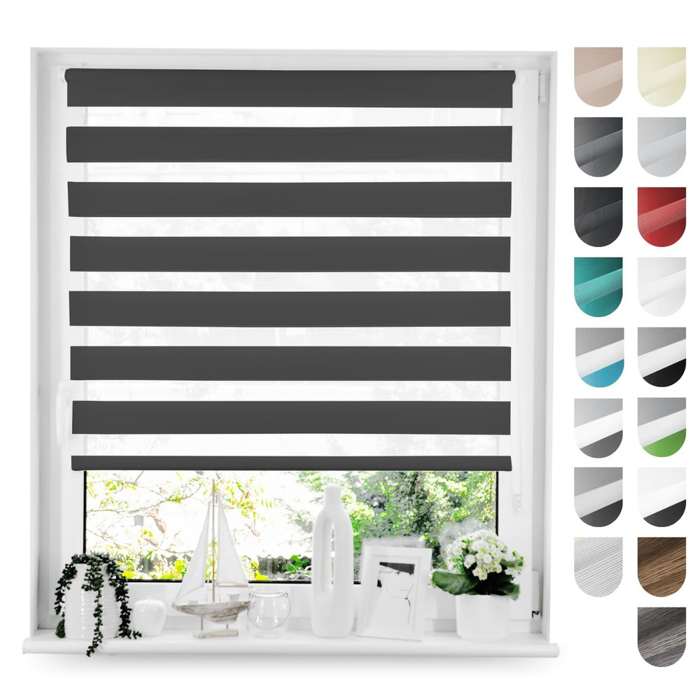 Tom'Shop Black Double Roller Blind, No-Drill Clip-Fit, 90 x 130 cm