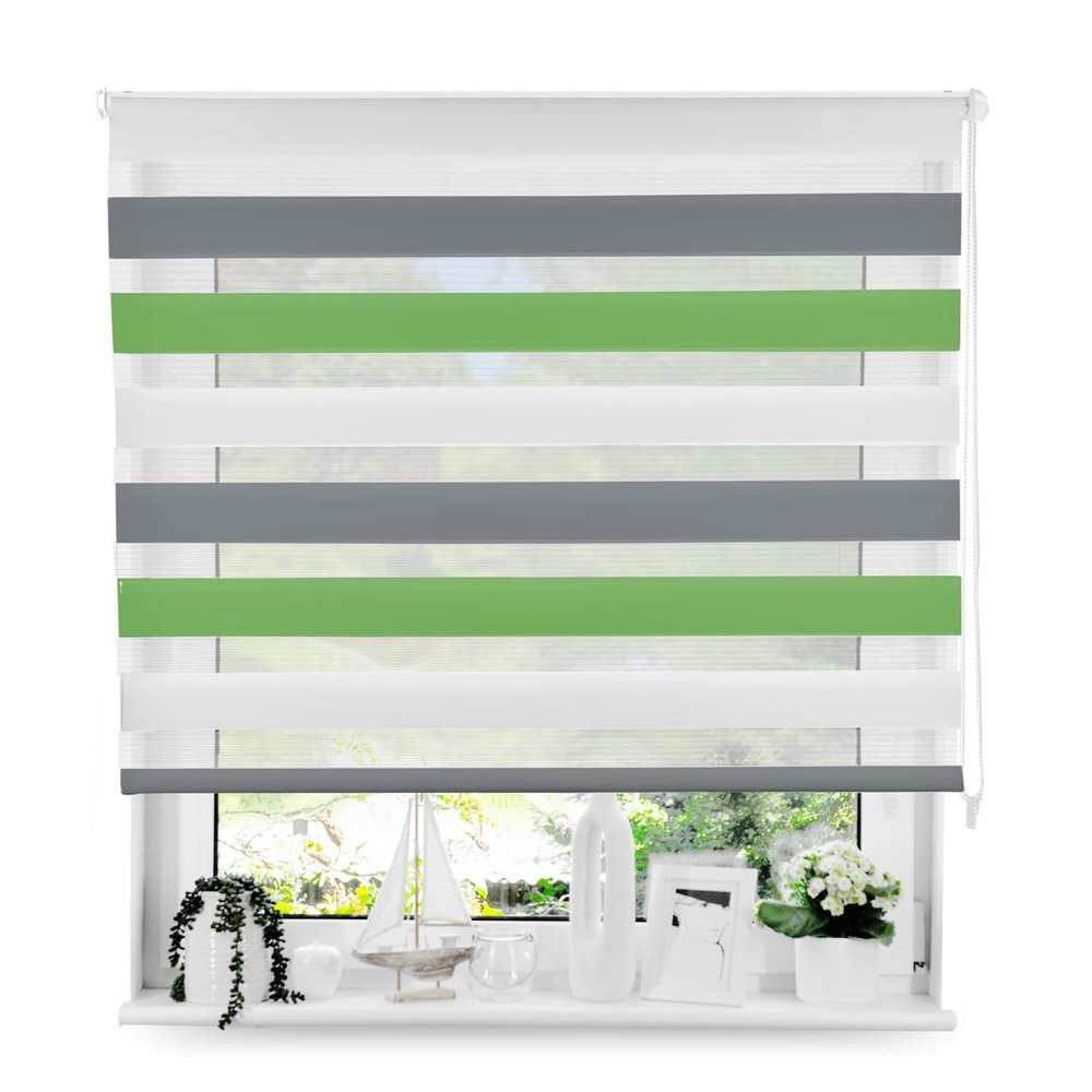 Tom'Shop Double Roller Blind with Screws, White-Gray-Green, 155 x 220 cm