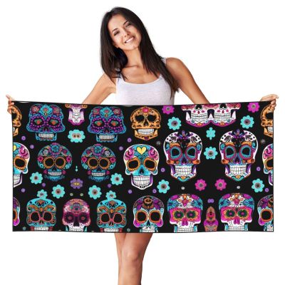 Sugar Skull Print Quick-Dry Beach Towel, Lightweight and Oversized, 70 x 140 cm