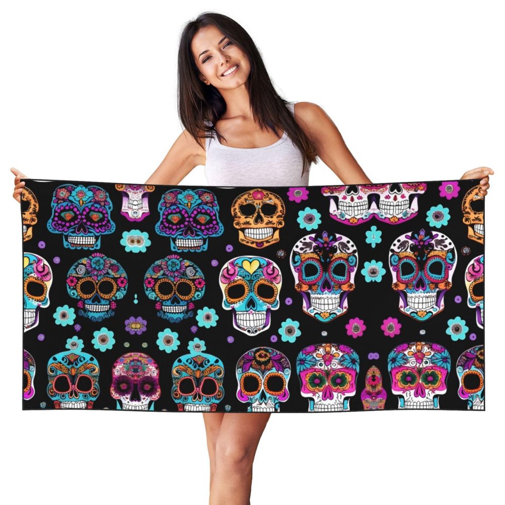 Sugar Skull Print Quick-Dry Beach Towel, Lightweight and Oversized, 70 x 140 cm