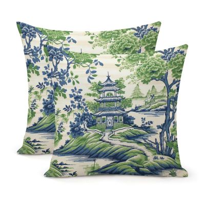 Square Linen Pillow Cover with Zipper, Blue and Ivory, 61 cm