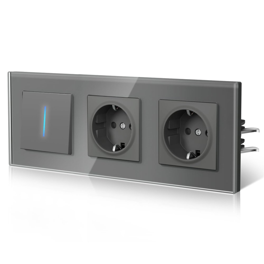 BSEED Glass Light Switch with Outlet, Backlit Flush-Mount 2-Way Switch with Mounting Claws, E Series, 1-Gang 1-Way, Gray, 228 mm