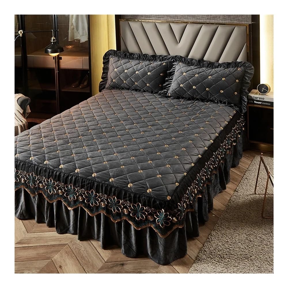 UYFRD Luxuriser Thick Velvet Quilted Embroidered Soft Plush Short Bed Skirt, King-Size Fitted Sheet Without Pillowcase, Gray, 1 Skirt 180 x 220 cm