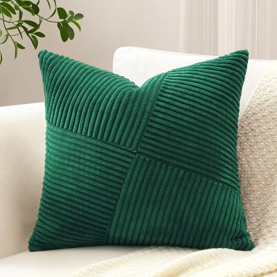 Sungeek Corduroy Pillow Cover, Windmill Stripe Patchwork Design, Dark Green, 60 x 60 cm