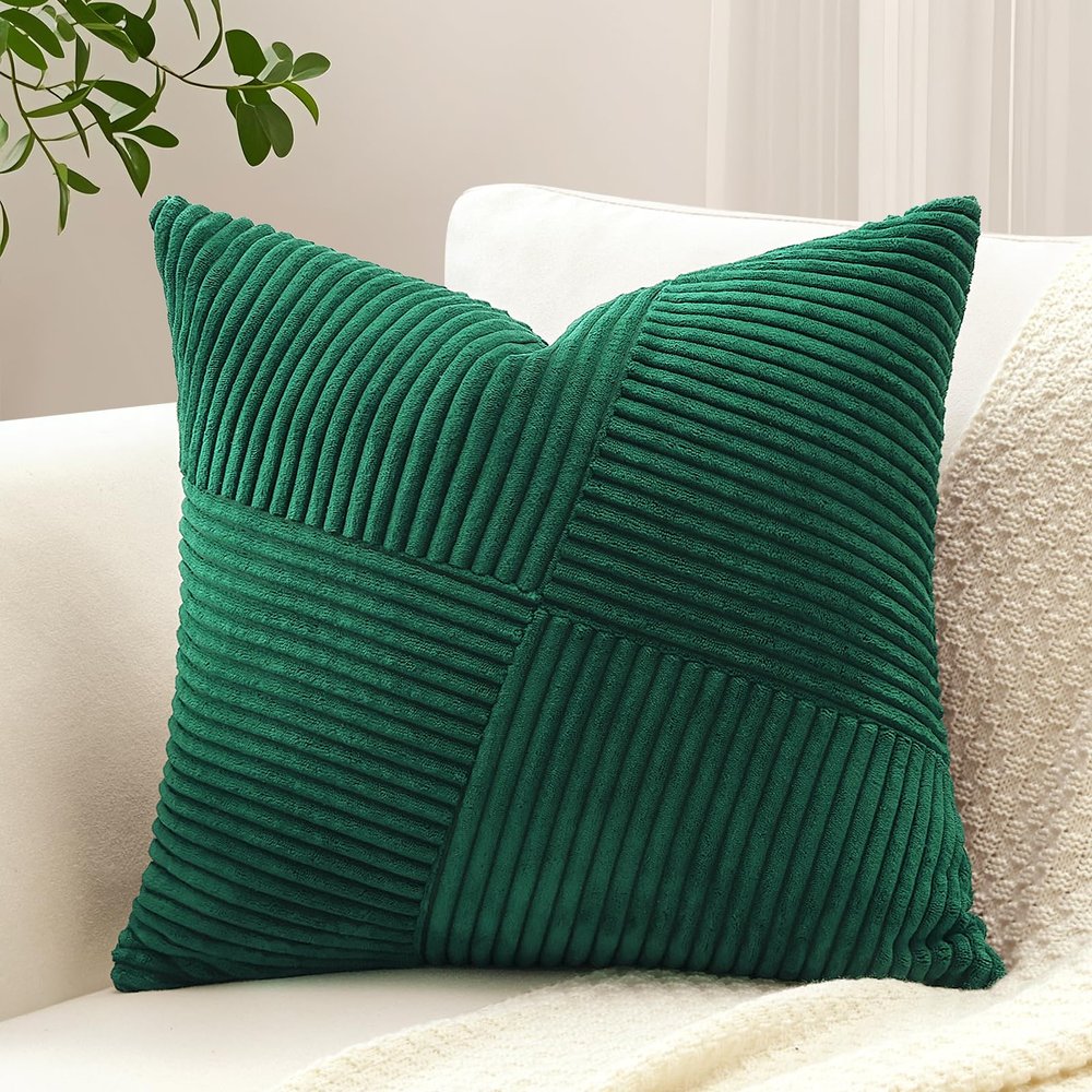 Sungeek Corduroy Pillow Cover, Windmill Stripe Patchwork Design, Dark Green, 60 x 60 cm