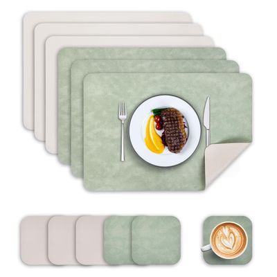 Wanfolle Washable Leather-Look Placemats and Coasters, 6-Piece Set, Reversible, Heat-Resistant, Waterproof, Non-Slip, Green/Ivory