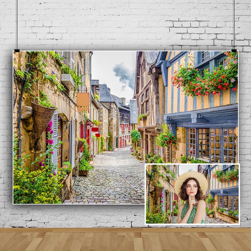 SDOTPMT 3.6 x 2.5 m Italian Street Vintage Floral Stone Alley Backdrop