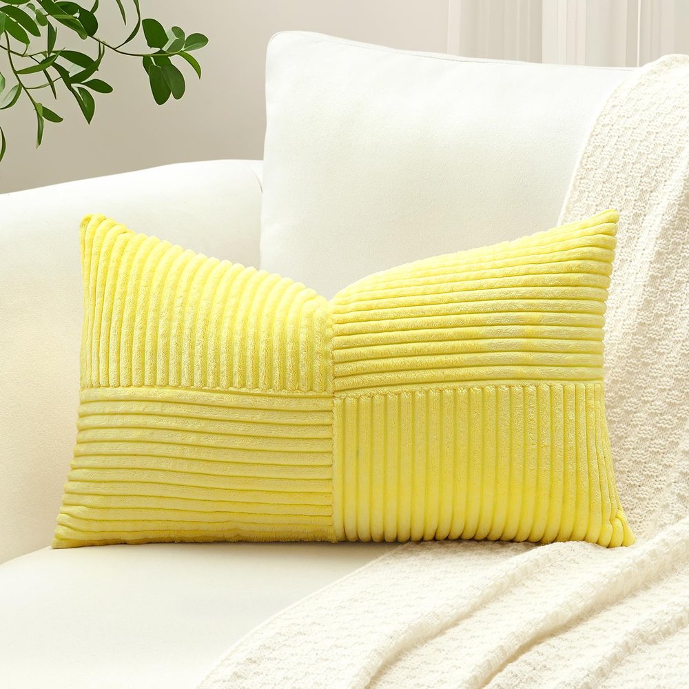 Sungeek 1-Piece Corduroy Pillow Cover, Cross-Stripe Pattern, 12 x 20 in, Yellow
