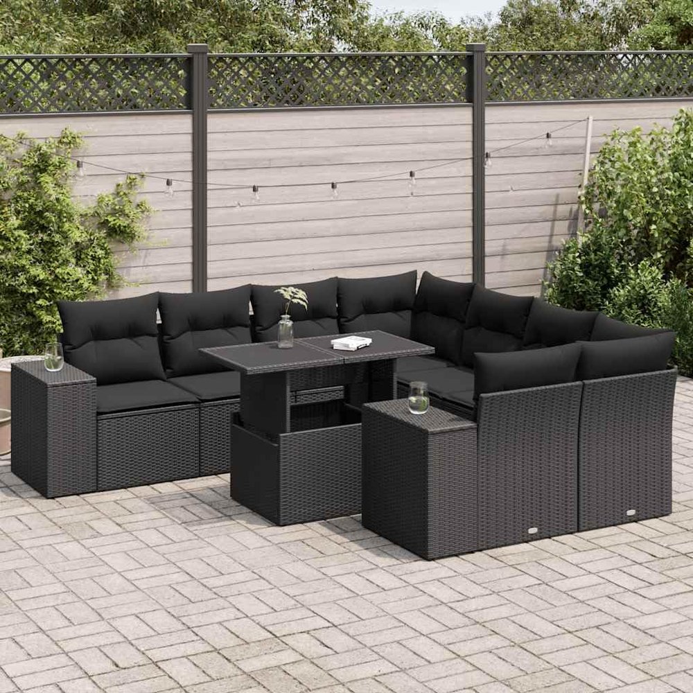 IKAYAA 9-Piece Black PE Rattan Patio Lounge Set with Adjustable Table and Storage