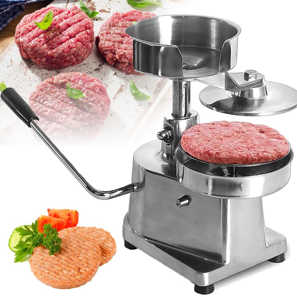 Burger Patty Maker for 5 Hamburgers, Manual Stainless Steel Machine with 3 Interchangeable Molds and 500 Patty Papers