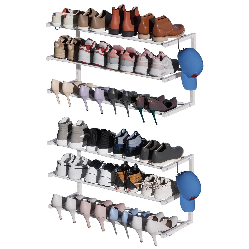 Wall-Mounted Shoe Rack, 3-Tier, Adjustable 43.2–76.2 cm, Holds 24 Pairs, White, 2-Pack