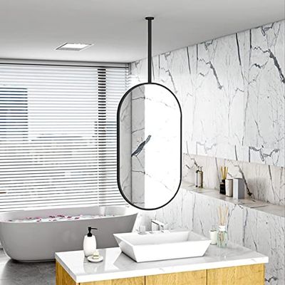 PYROSUN Ceiling-Mounted Mirror with Metal Frame – Nordic Oval Hanging Mirror for Shaving, Bathroom, Washroom, and Hotel Entrance Decor