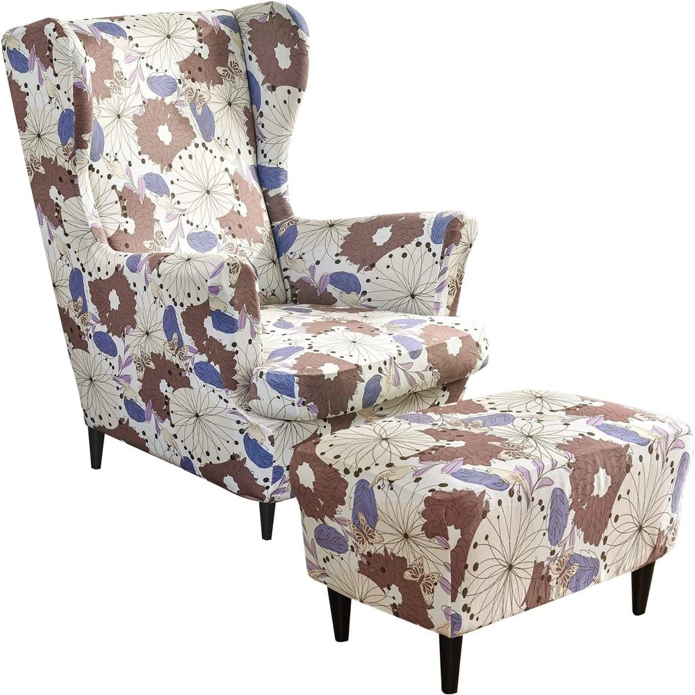 2-Piece Wingback Chair Slipcover with Ottoman Cover, Stretch Jacquard, Tiger Print, Color #12