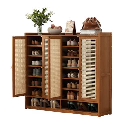 MARIYCH Bamboo Shoe Cabinet with 7/8 Tiers and Rattan Doors, Freestanding Shoe Organizer for Entryway and Living Room, Brown