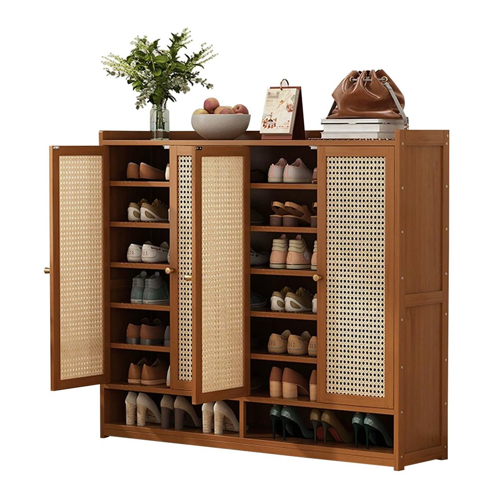 MARIYCH Bamboo Shoe Cabinet with 7/8 Tiers and Rattan Doors, Freestanding Shoe Organizer for Entryway and Living Room, Brown
