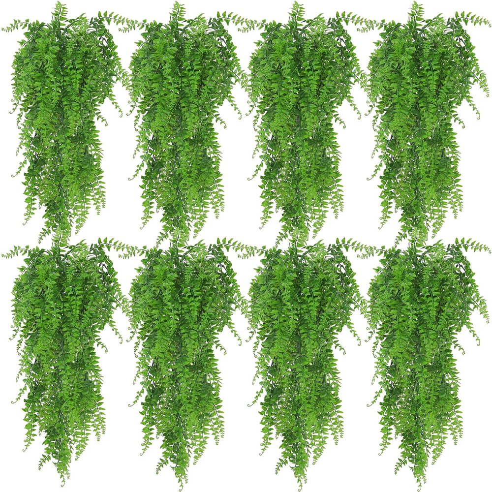 Huryfox Artificial Hanging Fern Vines, 8-Pack Plastic Ivy Leaf Décor for Indoor and Outdoor Use