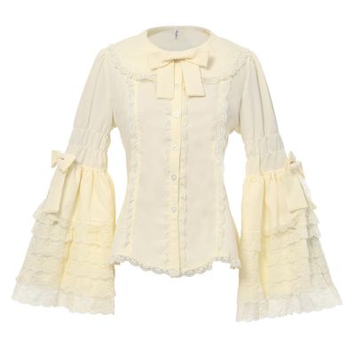 Women's Victorian Lace Flared-Sleeve Blouse, Gothic Lolita Shirt for JSK Dresses, Vintage Long-Sleeve Button-Down Top, Beige, XXL