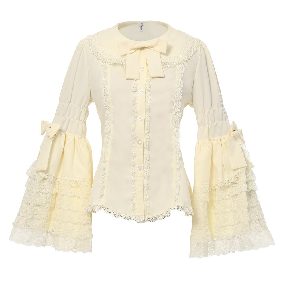 Women's Victorian Lace Flared-Sleeve Blouse, Gothic Lolita Shirt for JSK Dresses, Vintage Long-Sleeve Button-Down Top, Beige, XXL