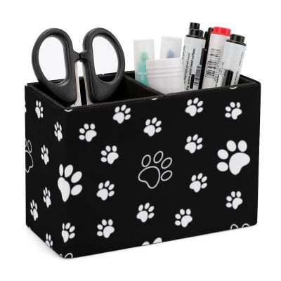 2-Compartment Pen Holder, PU Leather Pencil Cup with White Paw Print and Black Faux Leather, Style 5