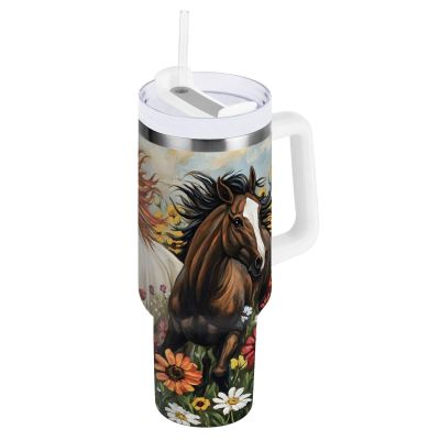 OWFKAY Insulated Coffee Tumbler with Lid and Straw, Stainless Steel, for Men and Women, Brown Horse, White Horse, Brown Horse, Brown Horse