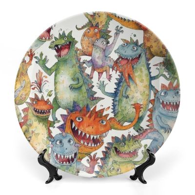 JKLQWH Decorative Bone China Plate with Stand, Chaotic Colorful Monsters, 6 in